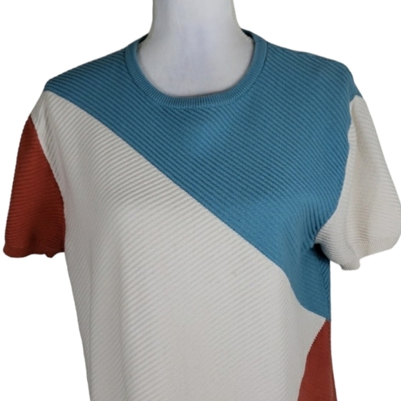 Zara~Woman Size XL~Blue/Brown ColorblockTop Textured Boxy Pullover. - Picture 3 of 13